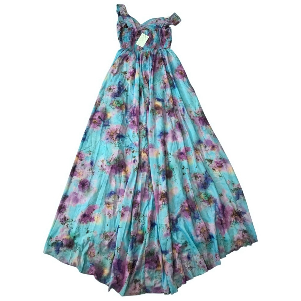 Deep V Neck Cutout Maxi Dress Asymmetrical High Slit Blue Multicolor Size M - Picture 12 of 14